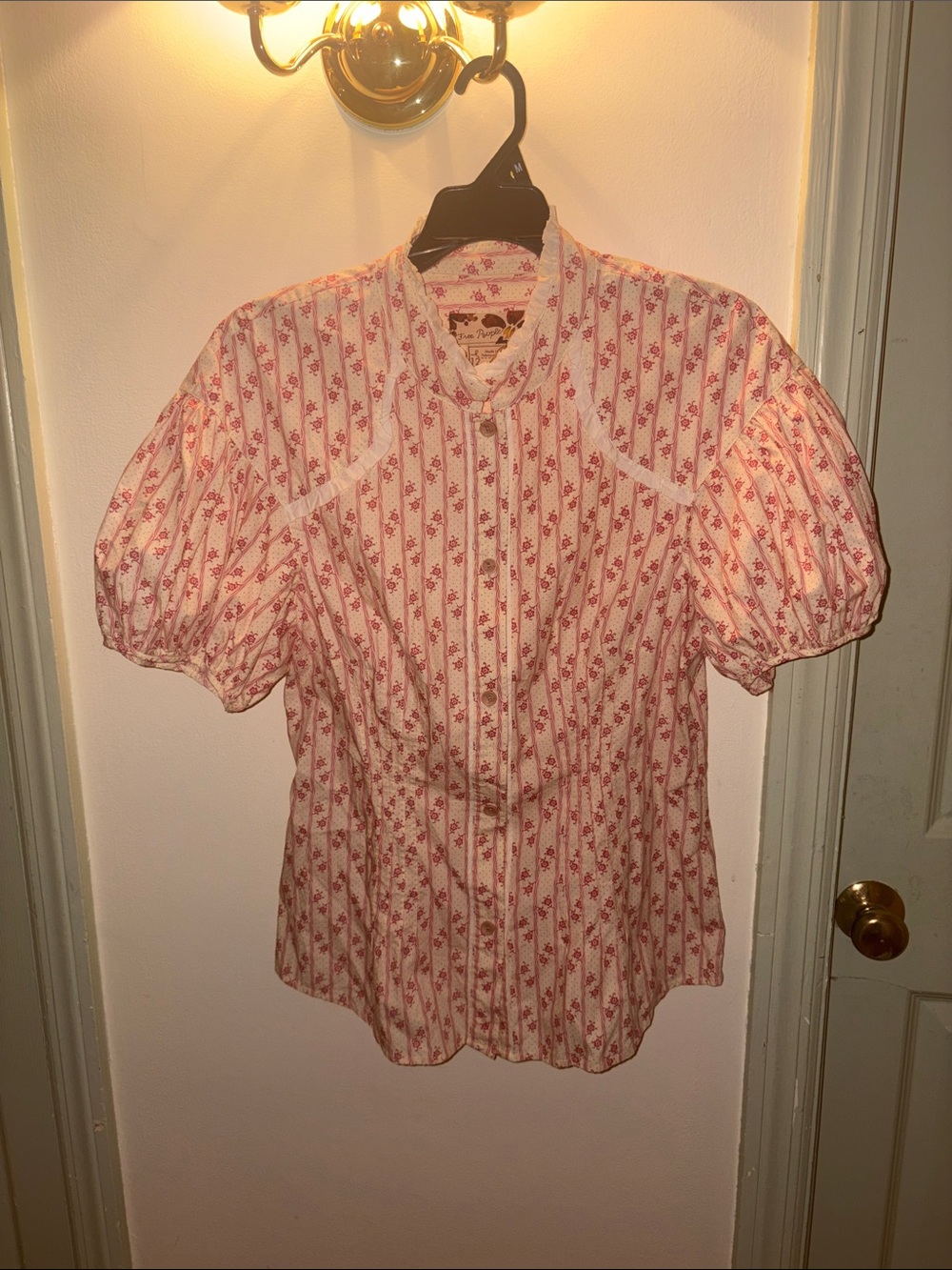Free People Pink and Cream Floral Puff Sleeve Blouse